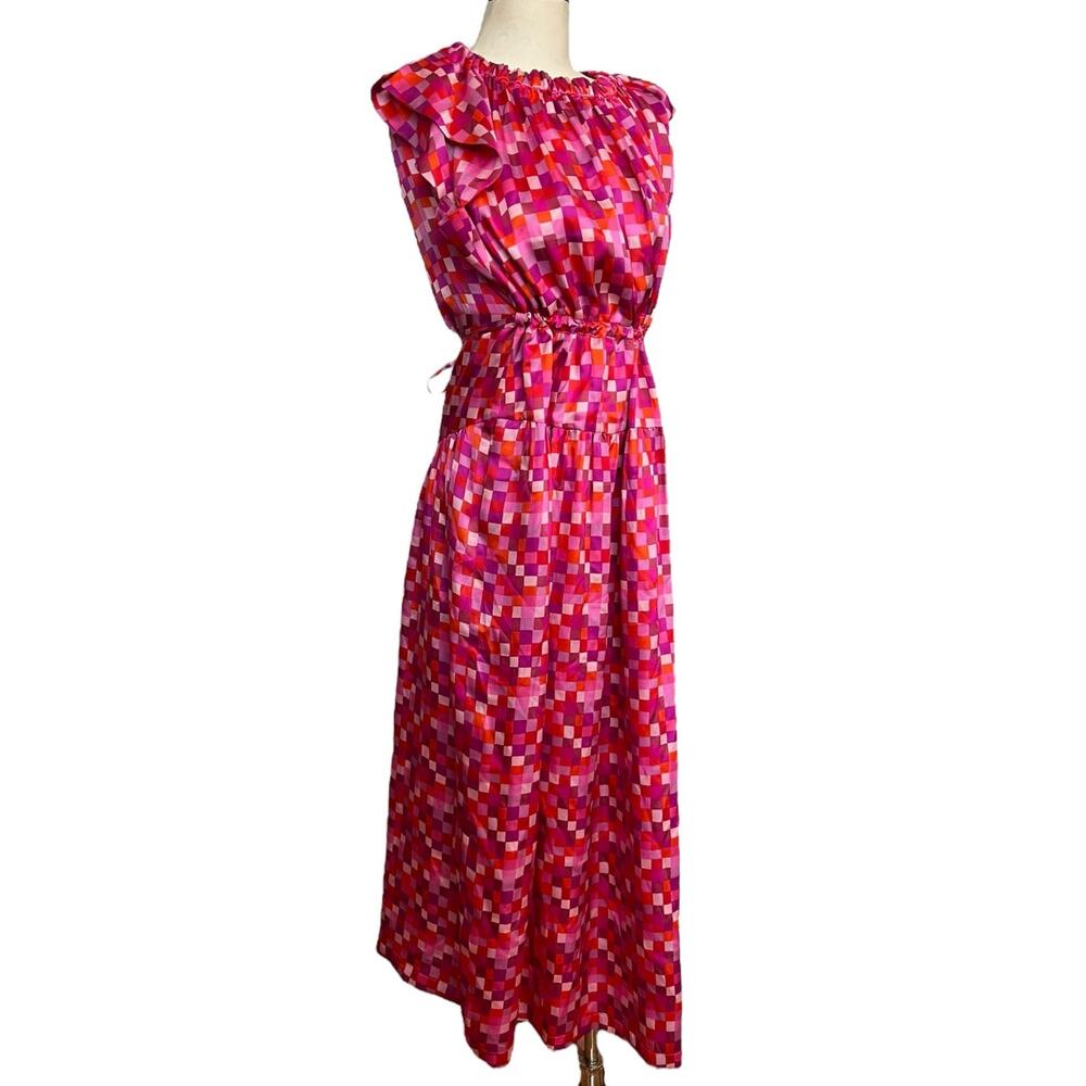 Dovima Paris Pink Checkered 100% Silk Ruffle Sleeve Tie Waist Maxi Dress L